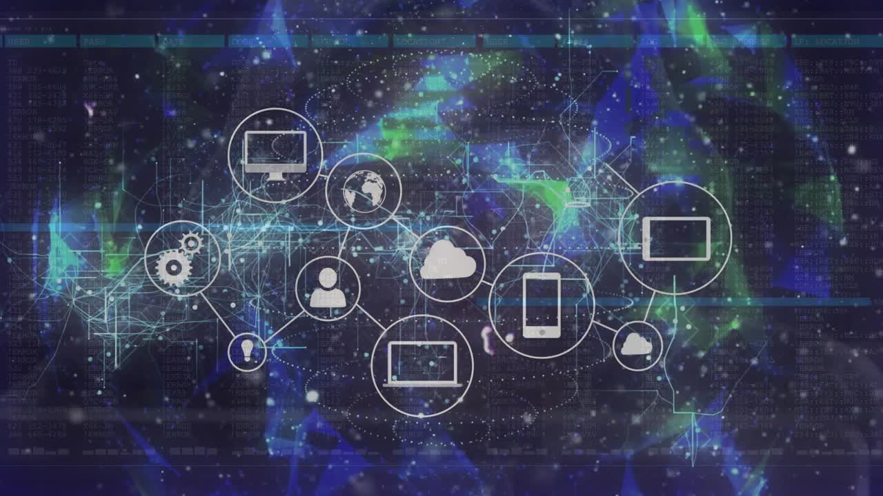 Cloud icon appearing before hooded male, sparking pulsing network spreading, mapping tech devices