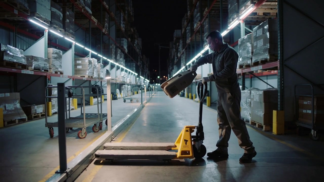 Seeing pallet jack, gloved worker checking forks in warehouse aisle, placing box to move