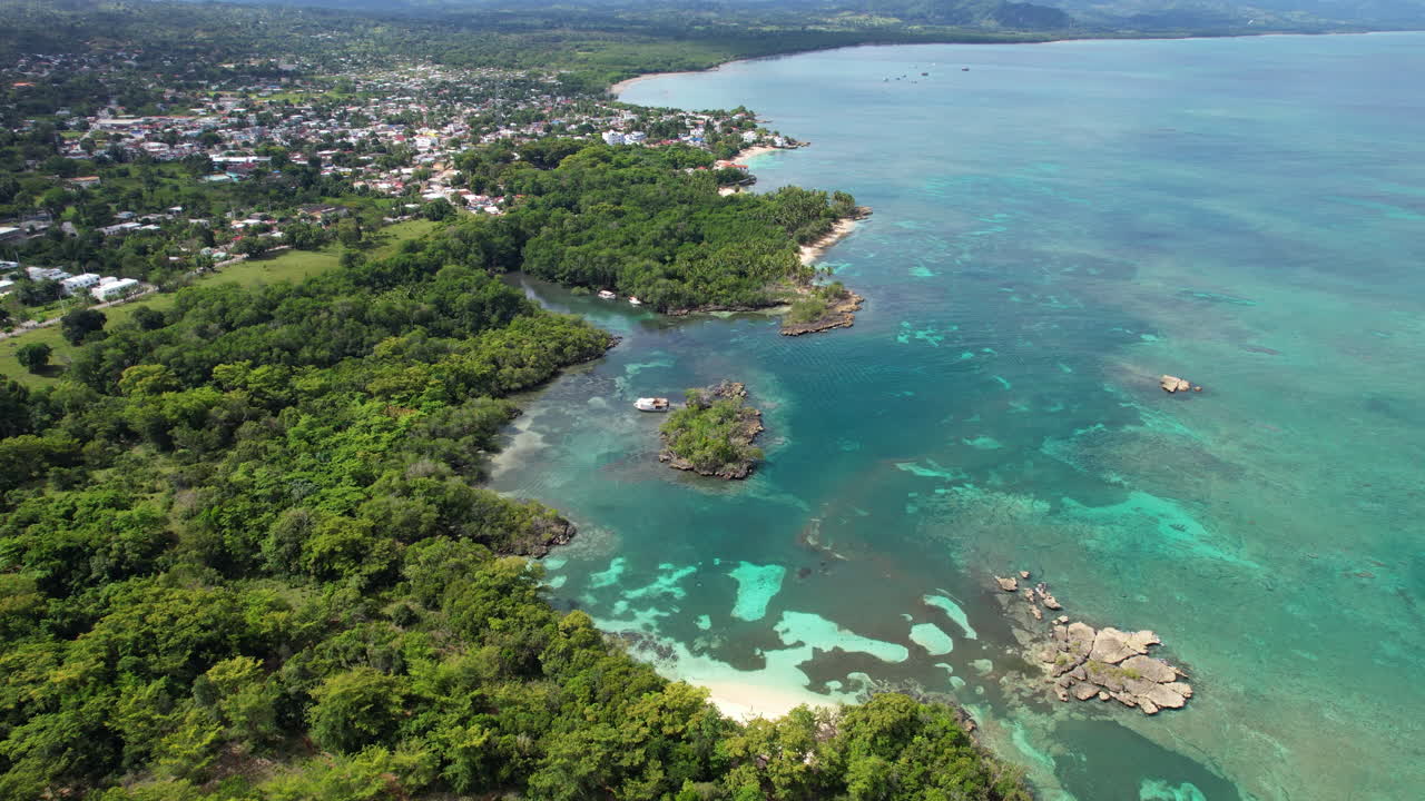 Aerial birds eye of bay water with coral reef in Rio San Juan Suburb art sunny day
