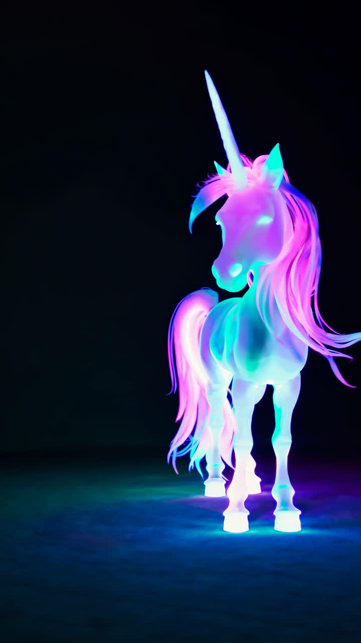 Un unicorno al neon luminoso si erge nell'oscurità, ripreso da una angolazione bassa