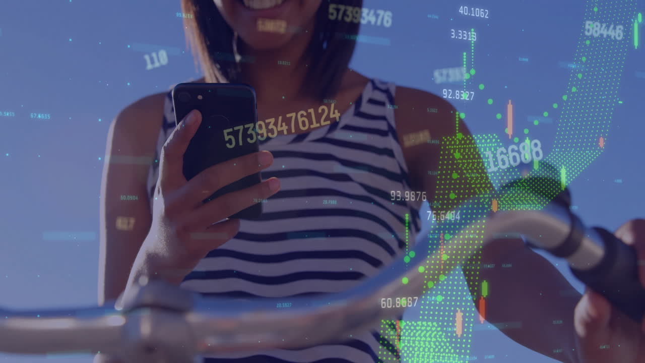 animación de gráficos y procesamiento de datos sobre mujeres caucásicas en bicicleta utilizando un teléfono inteligente