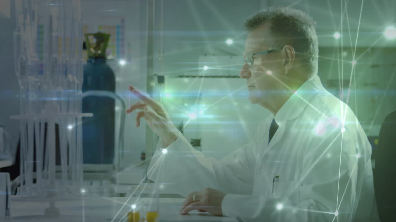 In school, scientist using animation for digital network overlay in laboratory