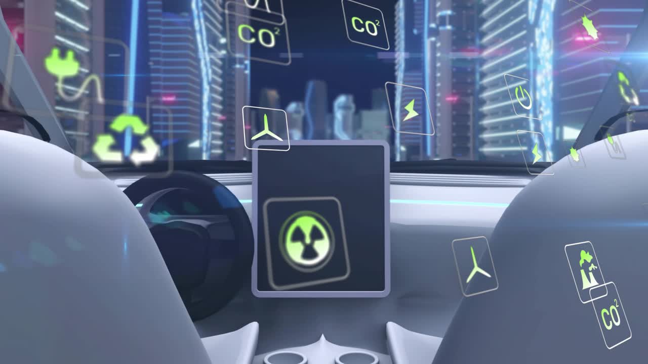 Upon startup car cockpit having icons emerging orbiting around nuclear symbol for energy control