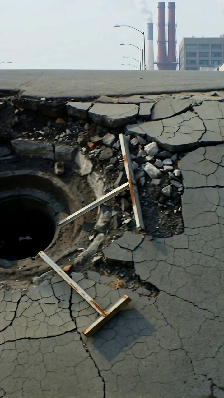 Vertical video: Panning camera revealing sinkhole in urban road, showing extent with crossbars