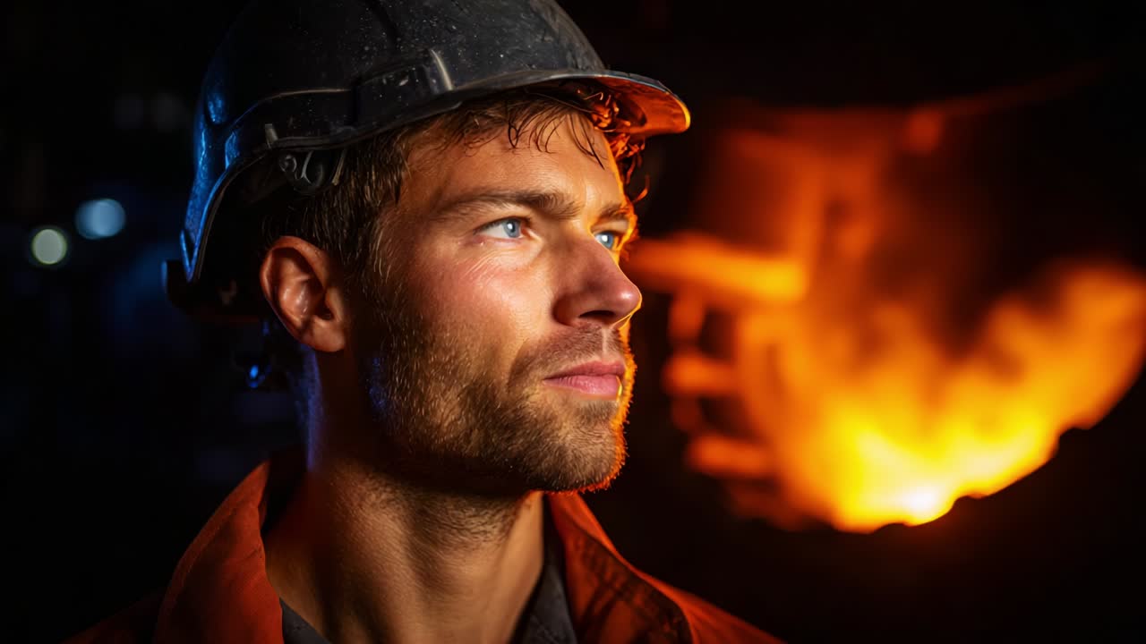 Intenst uttrykk hos en metallarbeider i et støperi: Et portrett som fanger opp grusen og besluttsomheten til en dyktig håndverker midt i en brennende bakgrunn!