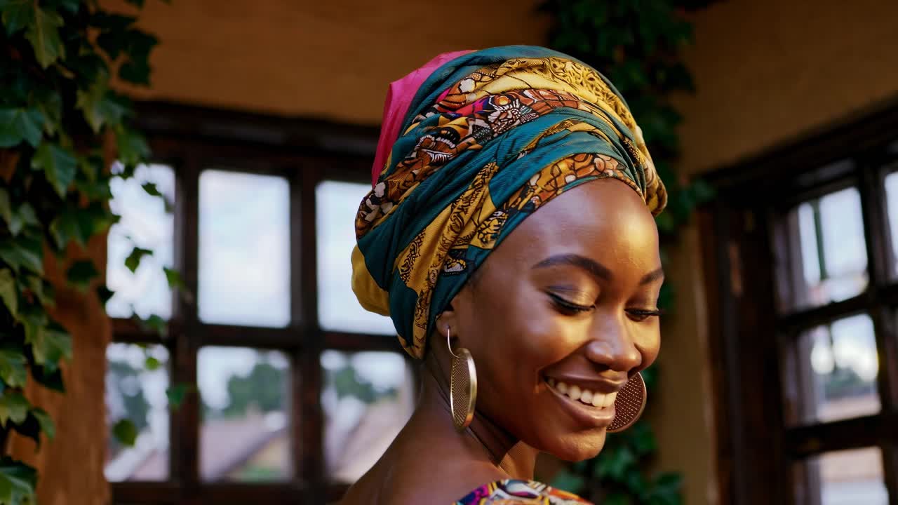 Fermo immagine vibrante da video di una donna sorridente con un foulard colorato, ripresa in un ambiente caldo e accogliente.