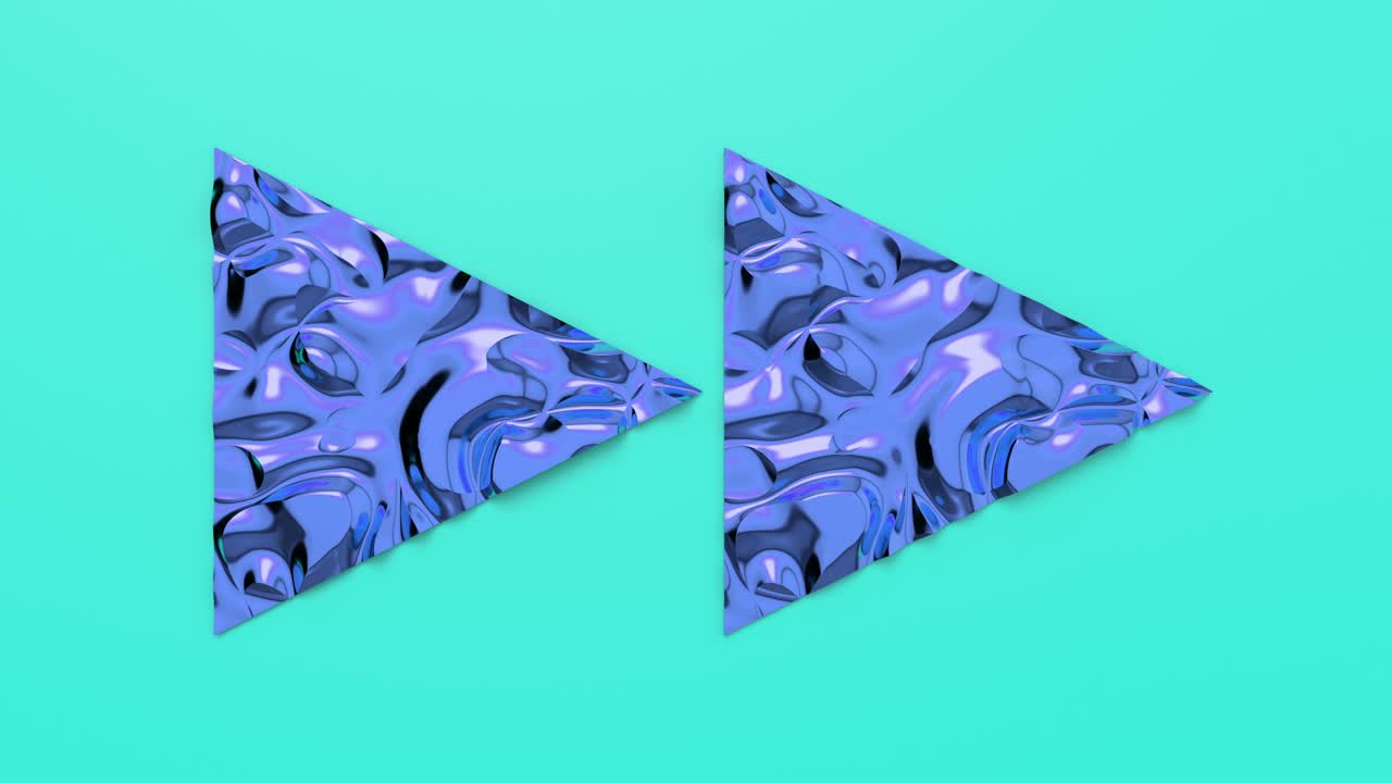 3d Looped animation of Fast Forward button in shape of triangles. Wavy surface with ripples. Trendy vibrant texture, fashion textile, graphic design, animated metallic texture.