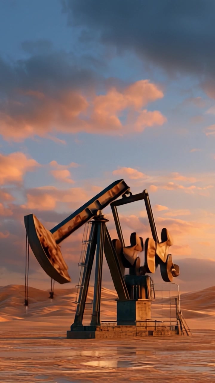 Sunset Over Oil Rig: Captivating Views of a Pumpjack Amidst Vibrant Clouds and Serene Landscape Captured in Two Distinct Frames