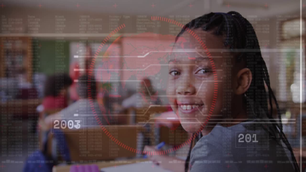 Female student writing notes with blue pen as digital timeline tracking education progress on desk