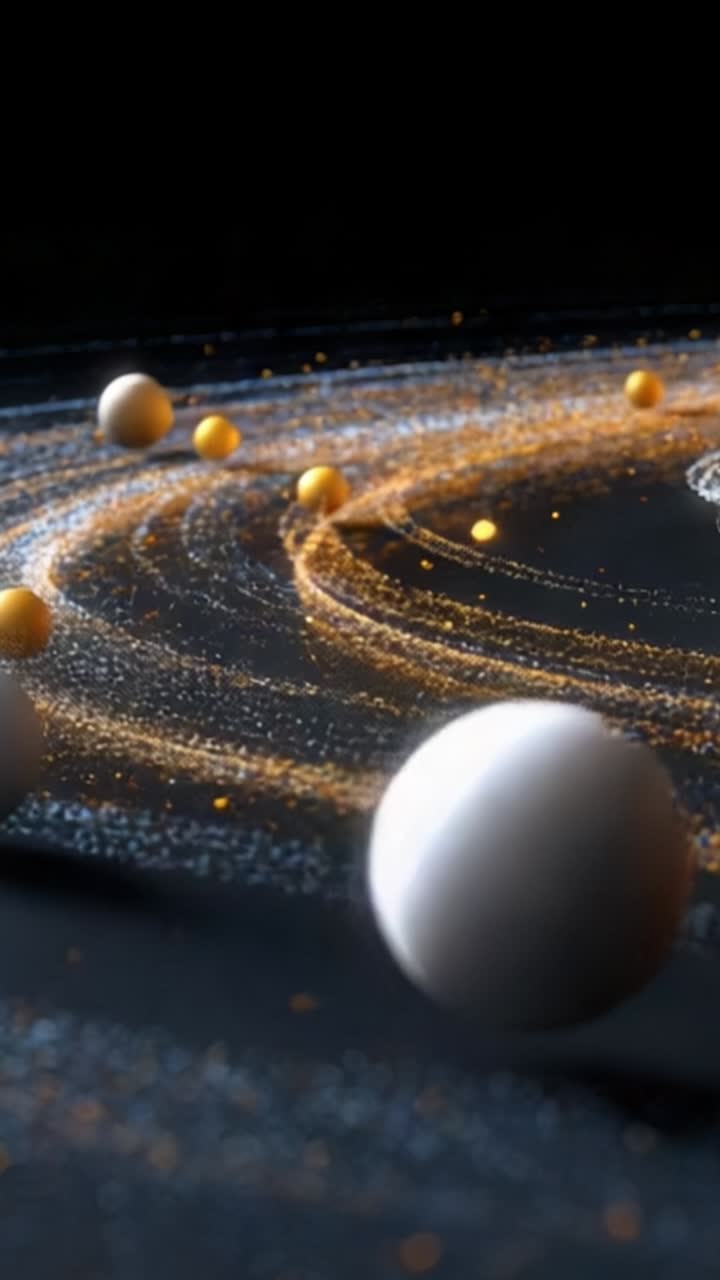 A stunning visualization of cosmic orbits, showcasing swirling planets and a spiral pattern of luminous particles set against a dark cosmic background