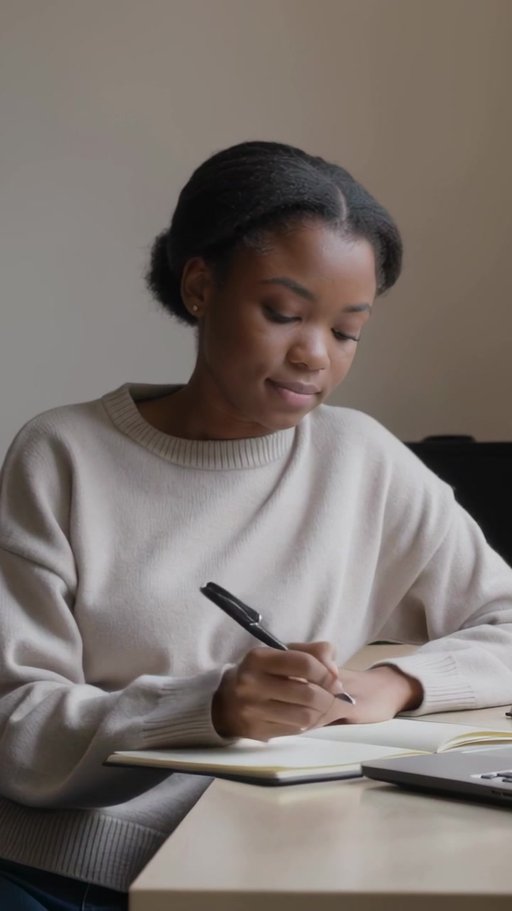 Vertical video: Pen touching notebook, woman in cream knit writing notes at desk referencing laptop
