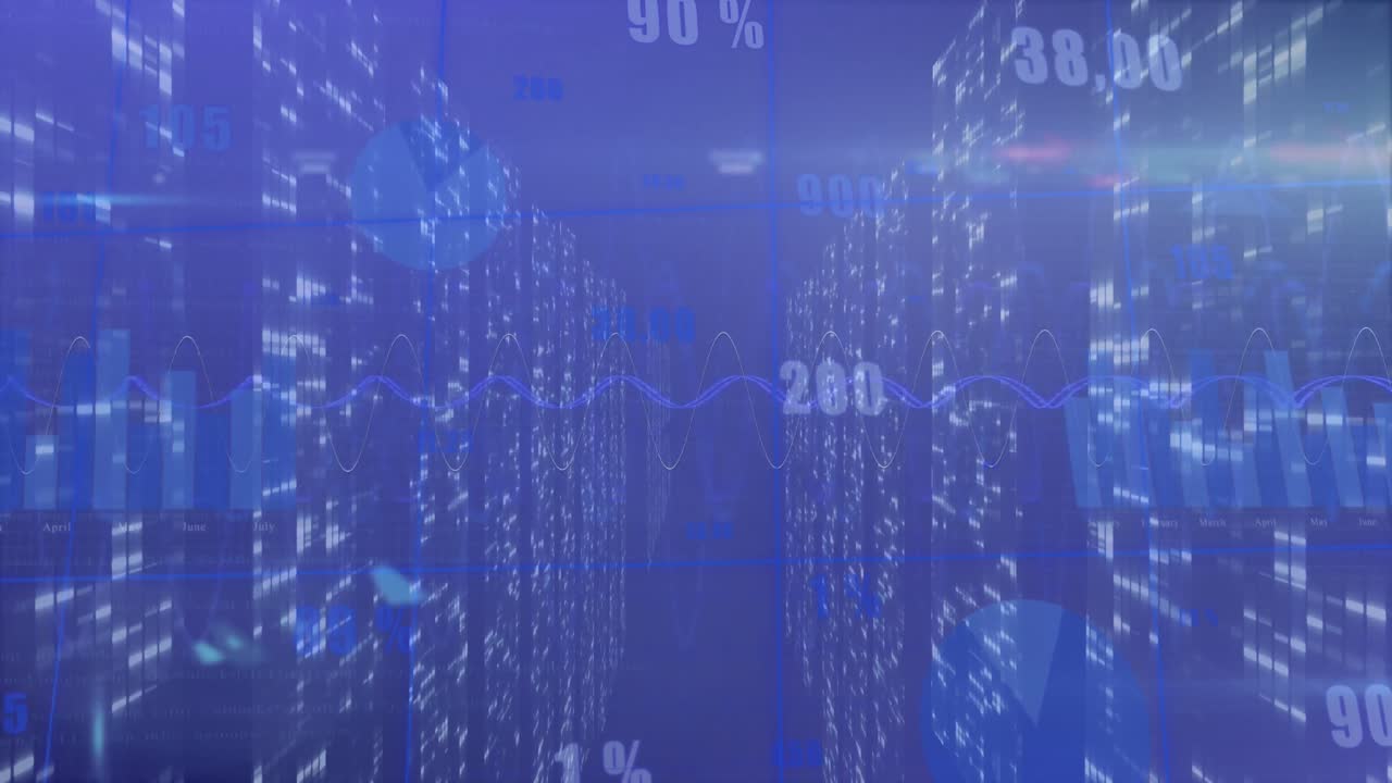 Animation of statistical data processing over screens of mosaic squares against blue background