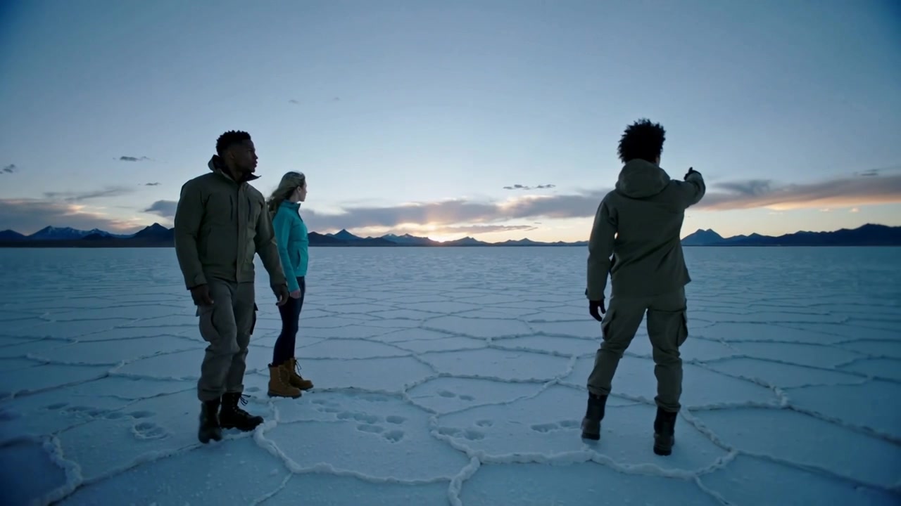 Walking three companions on salt flat wearing parkas and boots, low sun drawing gaze, lead pointing