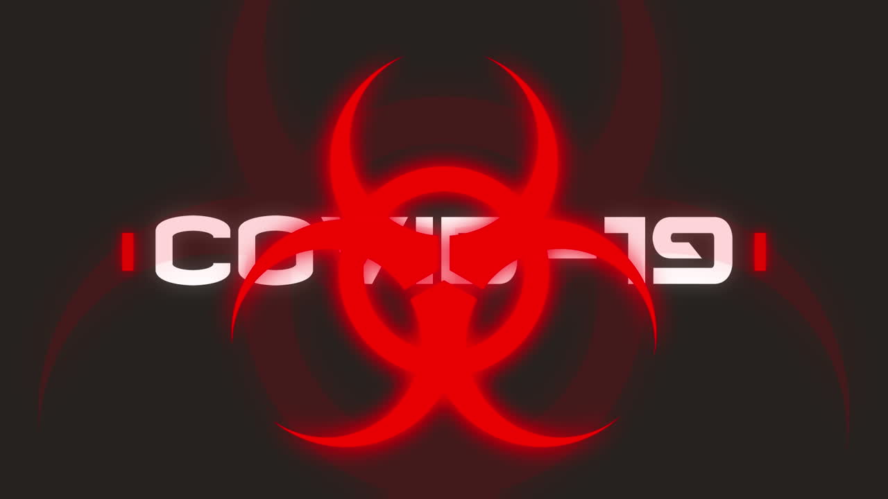 animación del texto de covid 19 sobre el fondo negro de la señal de advertencia