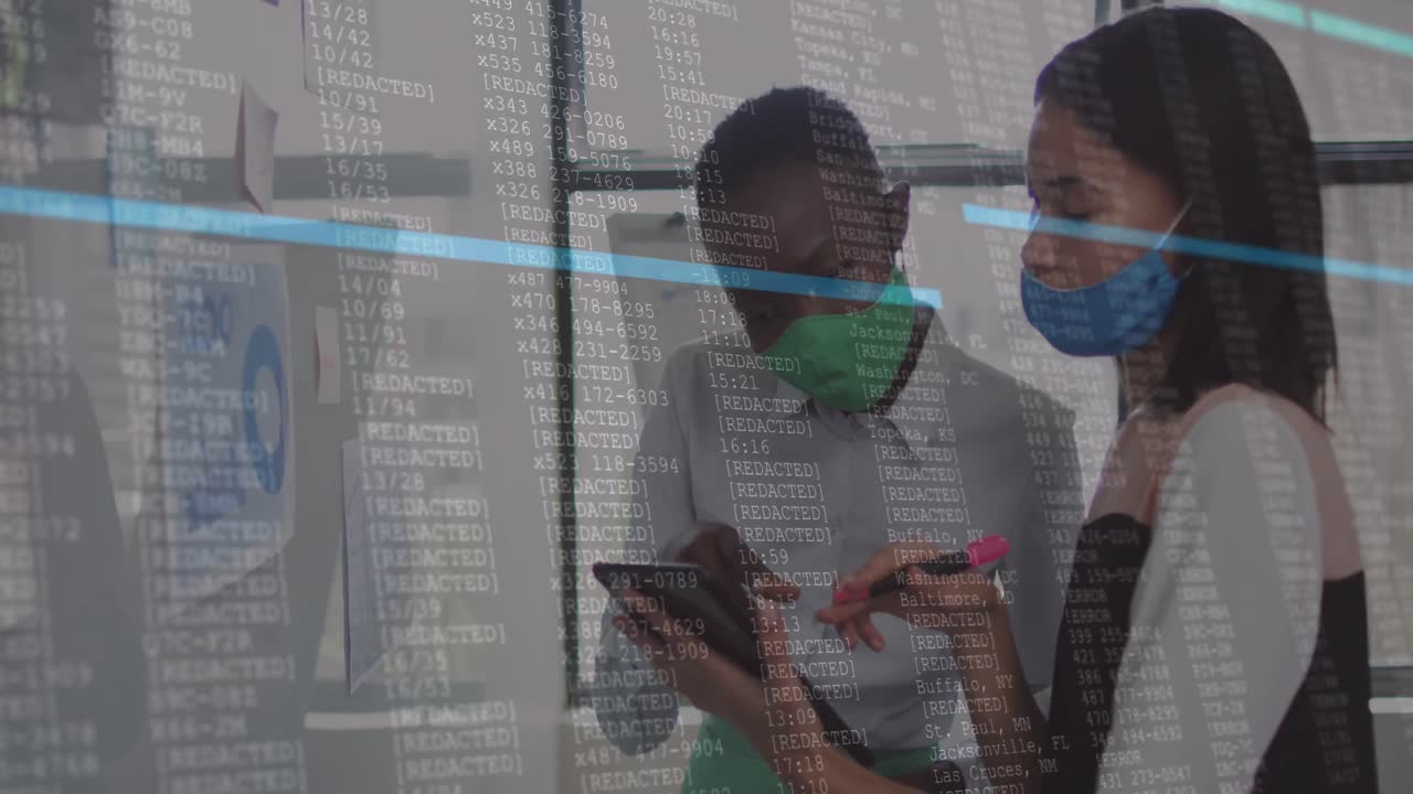 Animation of financial data processing over diverse businesswomen with face masks taking notes