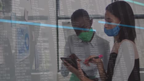 animation of financial data processing over diverse businesswomen with face masks taking notes