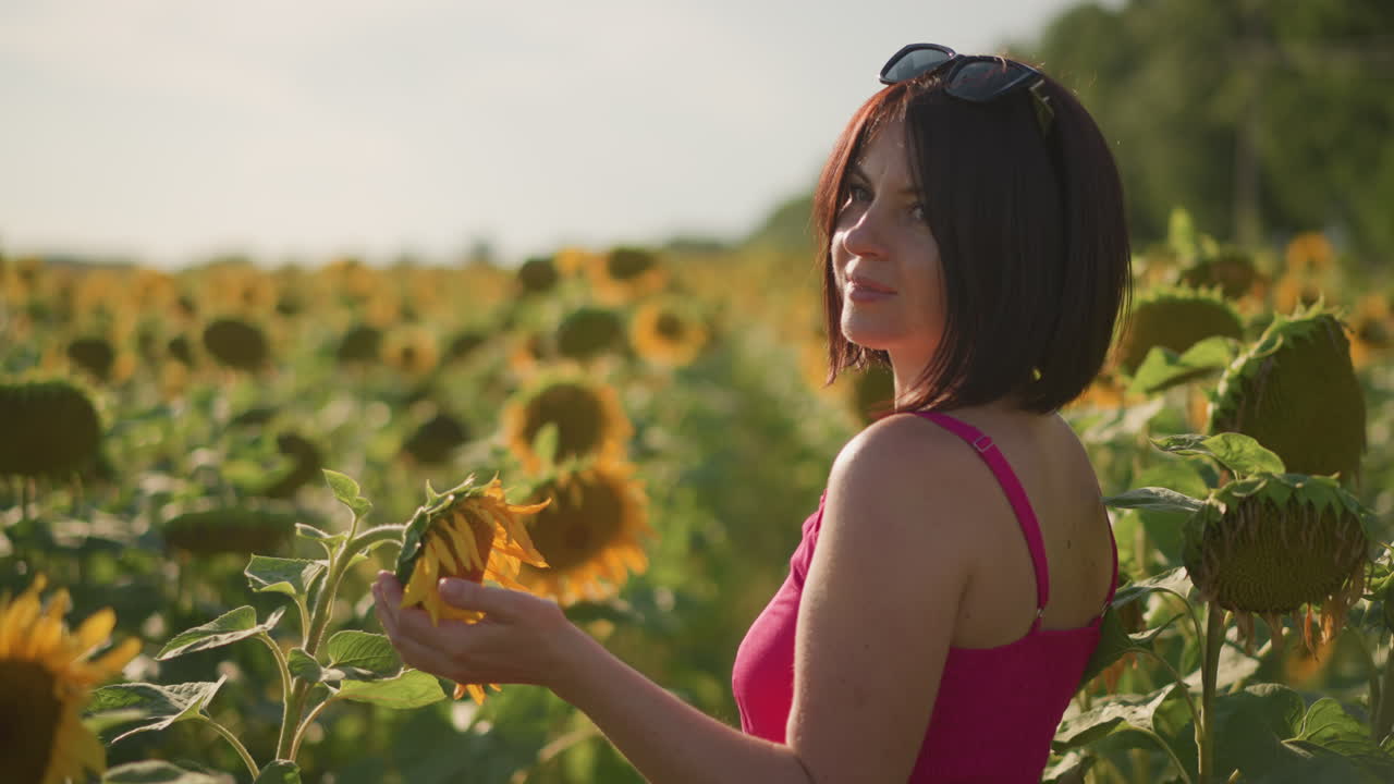 Mujer caucásica de espaldas en un campo de girasoles, con un vestido rojo y tocando una flor marchita, ambiente de poeta solitario con la cálida luz del atardecer, suave brisa entre los pétalos dorados, horizonte rural