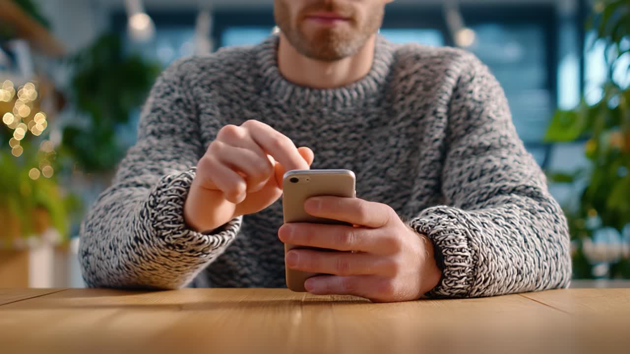 Focused on Technology: A Person Engaged with Their Smartphone While Seated at a Table in a Cozy, Lively Environment
