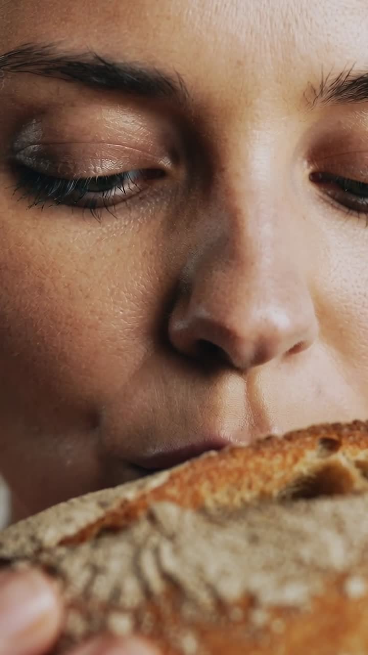 Vertical video: Holding round loaf to nose, woman inhaling and tasting crust at bakery