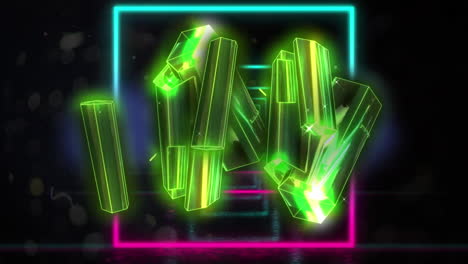 Animation-of-glowing-green-metallic-blocks-over-neon-squares-on-black-background