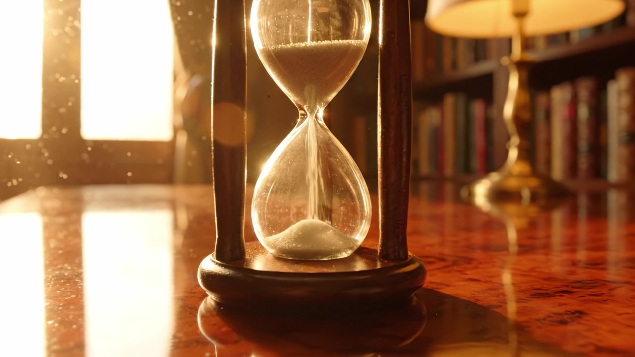 An Elegant Hourglass Captured in Warm Light, Symbolizing Time's Passage with Beautiful Reflections on a Polished Surface in a Cozy Interior Setting