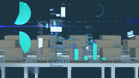 animation of financial data processing over cardboard boxes on conveyor belts