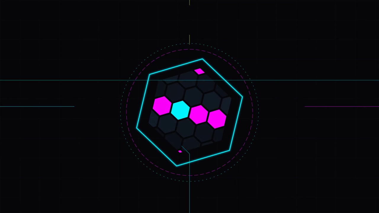 Abstract Hexagonal Digital Interface Animation with Glowing Neon Lights