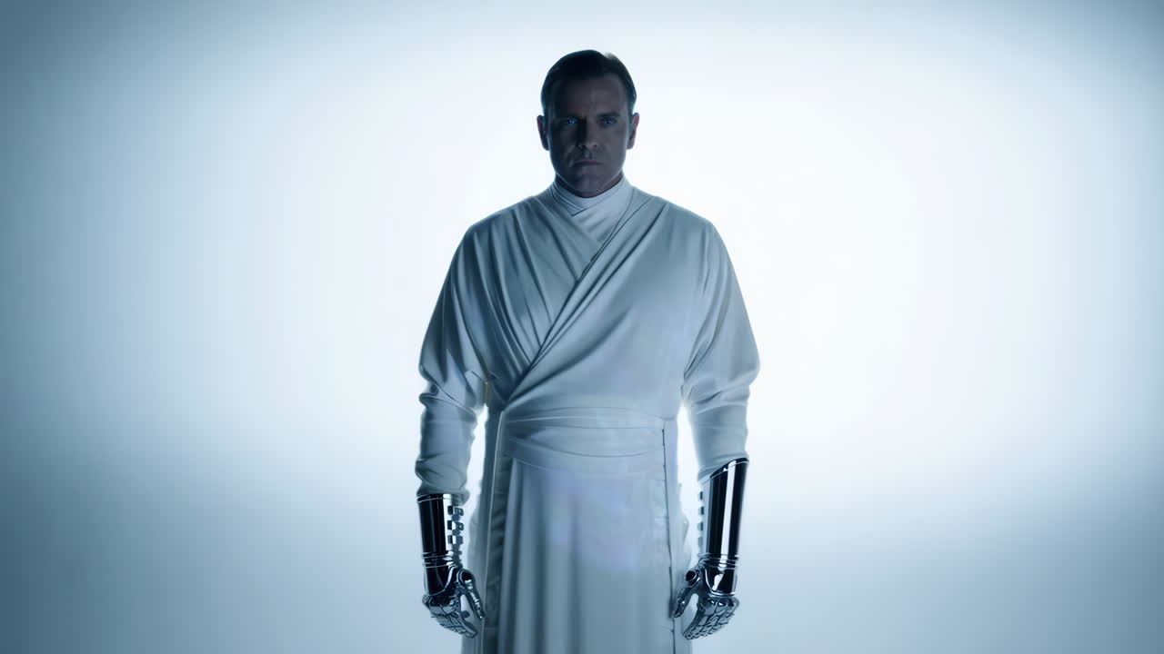 Futuristic Man with Glowing Eyes and Bionic Arms