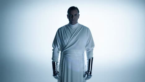 futuristic man with glowing eyes and bionic arms