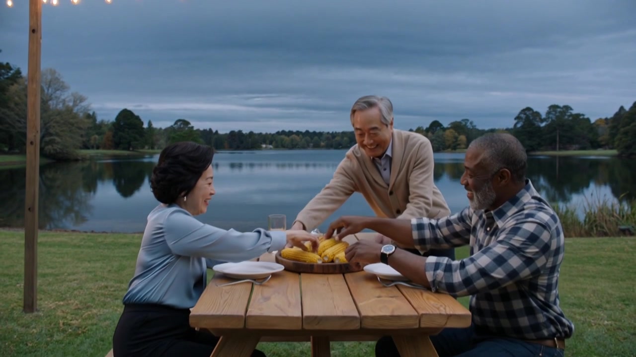 Stepping in Asian man in cardigan carrying wood platter of corn to lakeside table, sharing meal