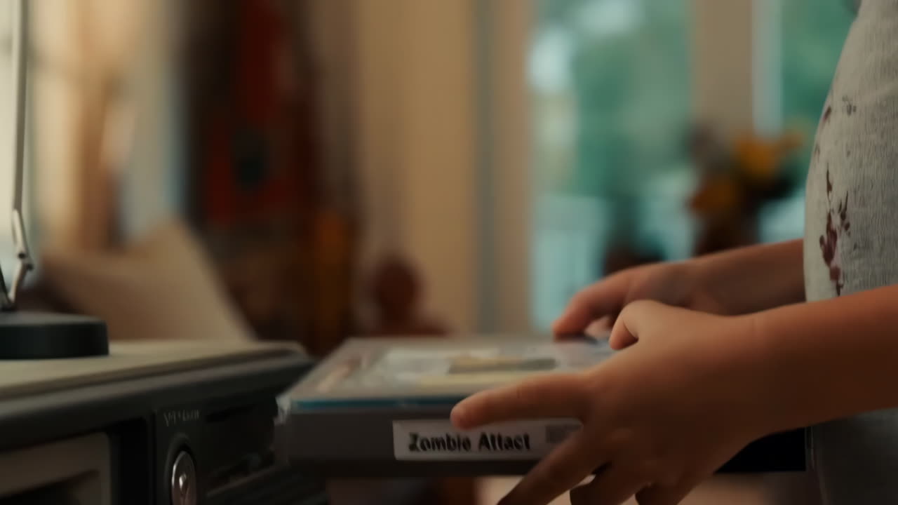 A person inserting and operating a VHS tape in a VCR