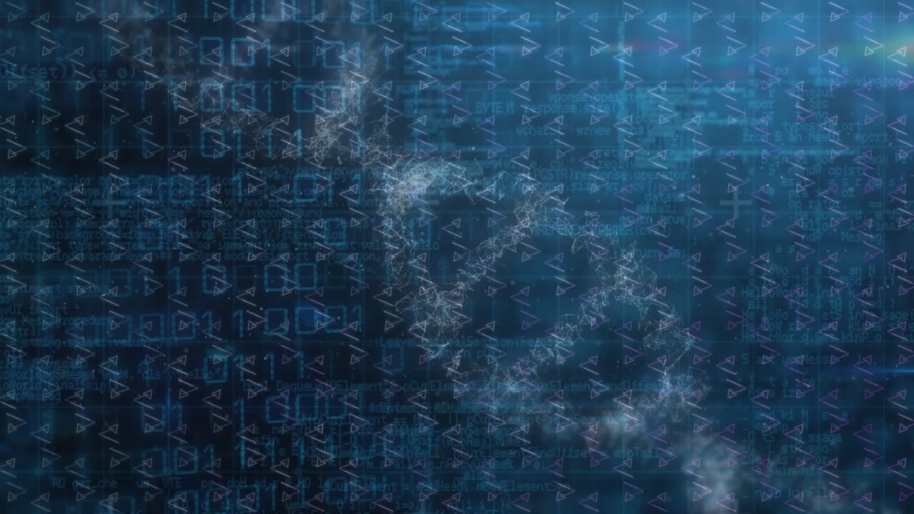 animación del procesamiento de datos con el adn girando sobre una interfaz digital de patrón triangular abstracto