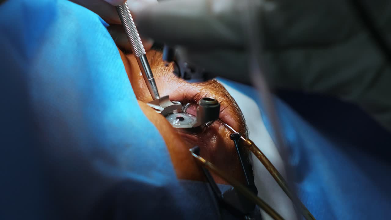 Laser synskorrektion. En patient og et hold af kirurger i operationsstuen under oftalmisk kirurgi. Øjenlågsspekulum. Lasik-behandling. Patient under sterilt dække.