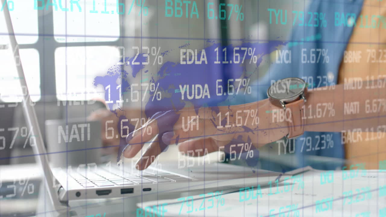 Animation of data processing over african american businessman in office