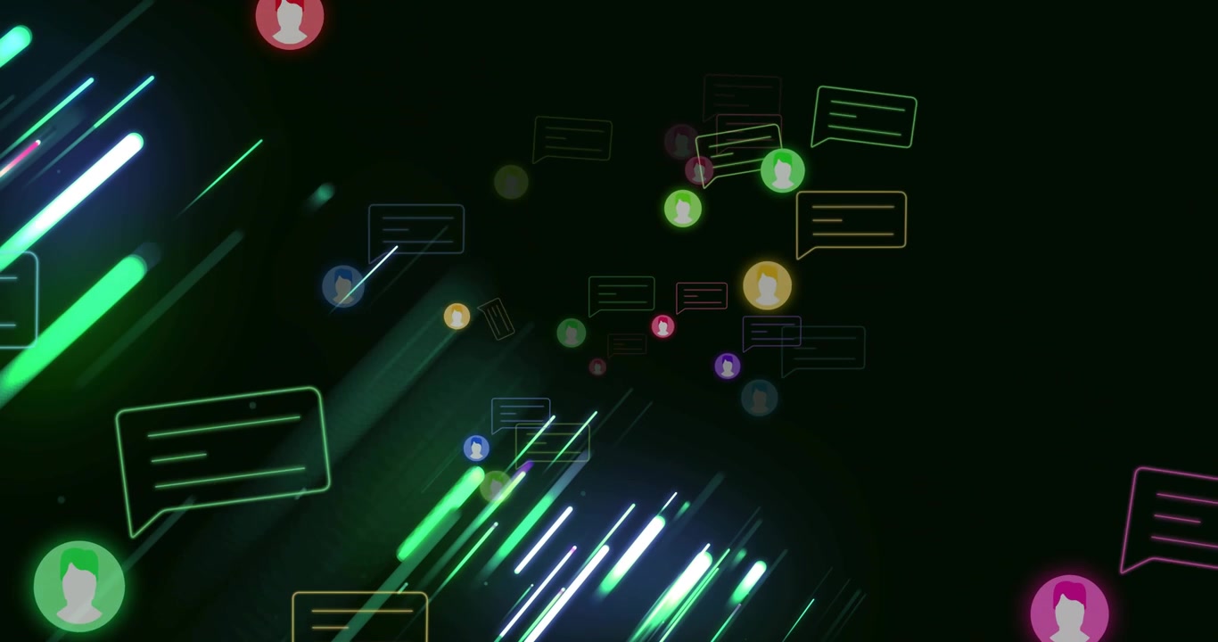Neonstriber starter bevægelse, pulserer, sender svævende avatarbobler og visualiserer dataflow.