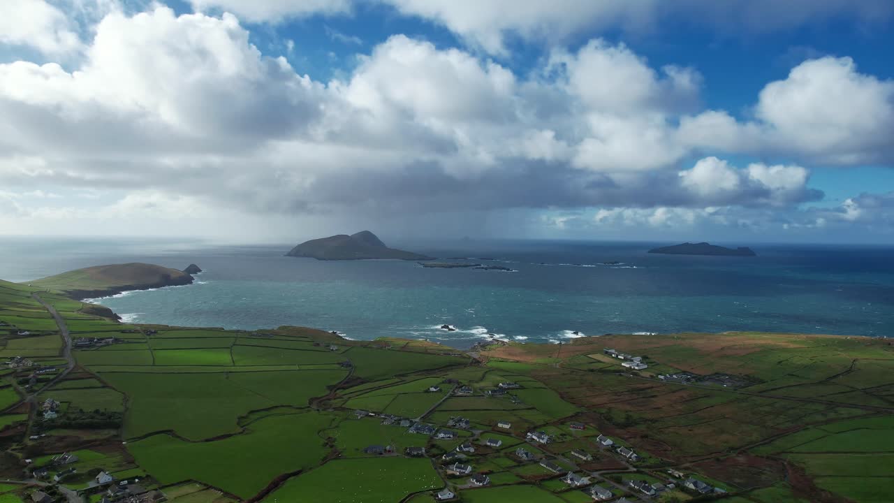 Irish Drone Landscapes flying over Dounquin and shower over The Blasket Islands Kerry wild epic locations on The Wild Atlantic Way