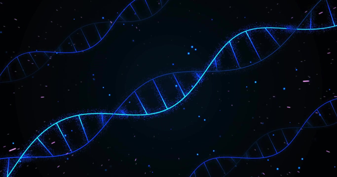Un filamento a elica al neon che si muove diagonalmente su uno sfondo blu navy, con curve che entrano dai lati, in un movimento a spirale