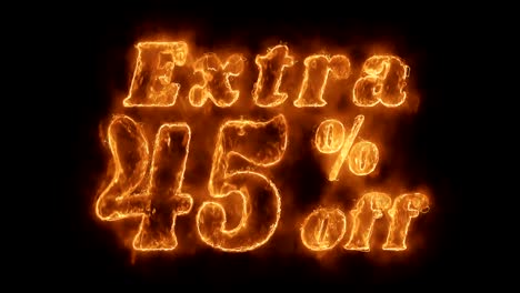 extra 45% percent off word hot animated burning realistic fire flame loop.