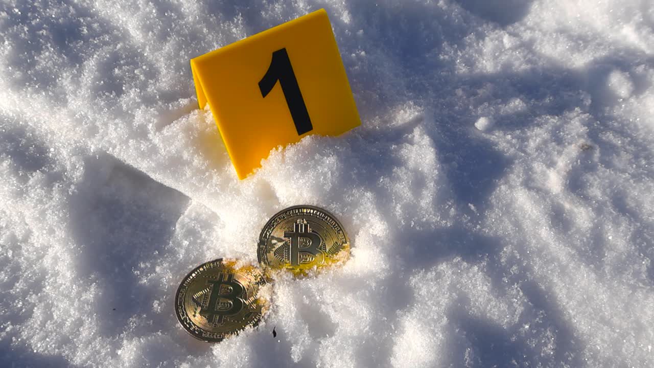 Primo piano di monete Bitcoin, valuta digitale, accanto a un marcatore forense nella neve invernale, suggerendo un'indagine finanziaria.