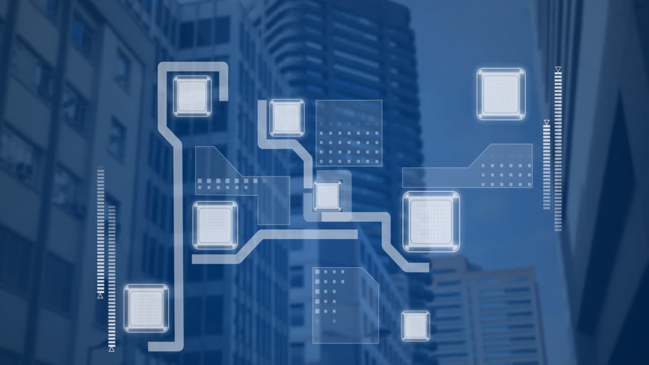 Animation of interface with data processing against tall buildings
