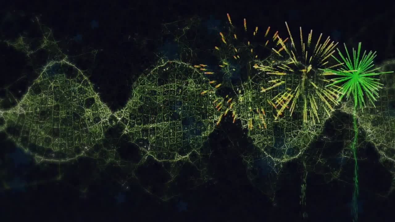 animación de fuegos artificiales y olas amarillas en movimiento sobre fondo negro