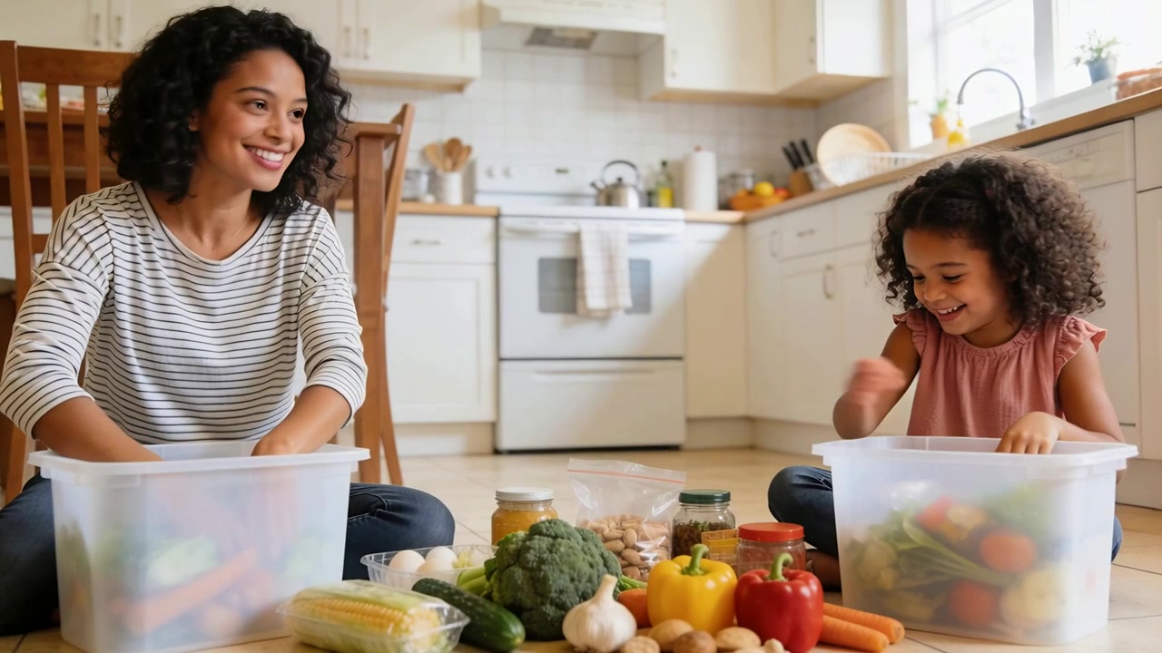 Unpacking groceries, mom and child on kitchen floor sorting produce into clear bins for storage