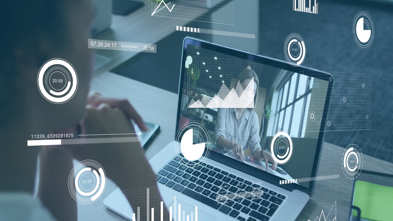 Animation of graphs, bars, circles, diverse female coworkers discussing reports on video call