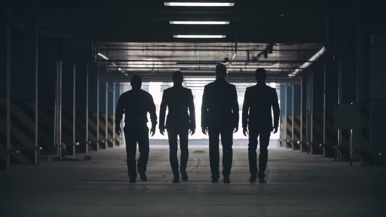 vista trasera bloqueada en cámara lenta de las siluetas de cuatro hombres con trajes negros alejándose con confianza de la cámara hacia la salida del estacionamiento