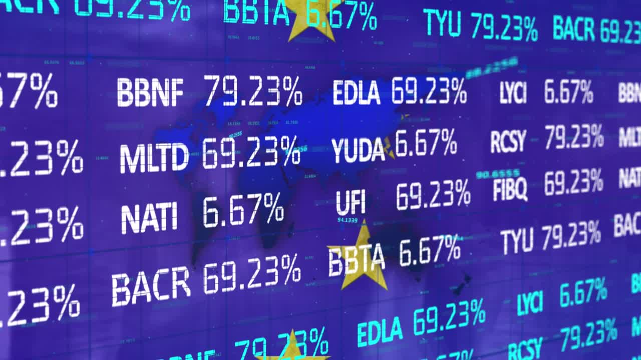Animation of financial data over flag of european union