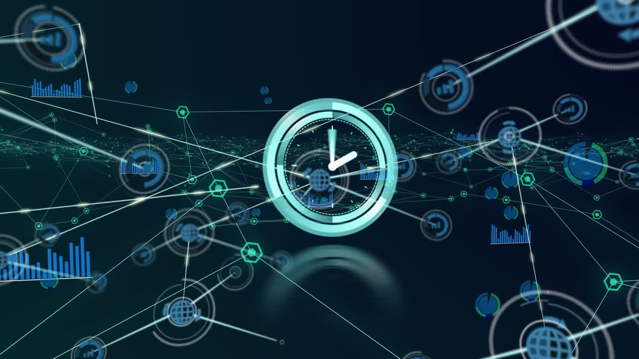animación de reloj de neón que hace tic-tac a través de una red de iconos digitales contra un fondo azul