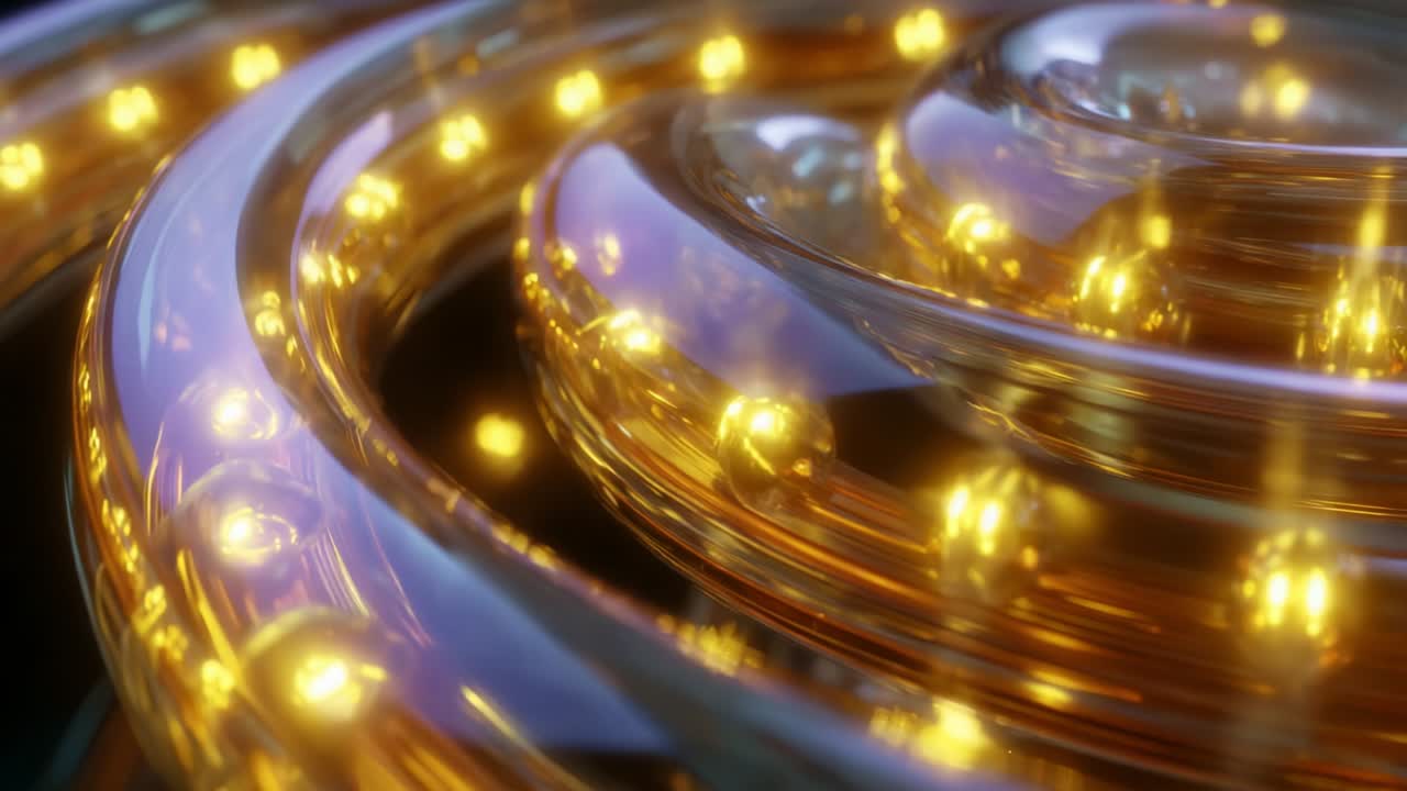 A Close-Up Exploration of Translucent, Spiraling Light Tubes Emitting Golden Glow, Creating a Mesmerizing and Captivating Visual Experience with Dynamic Reflections and Illumination in Motion