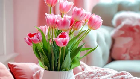 a vase filled with pink tulips sitting on top of a table