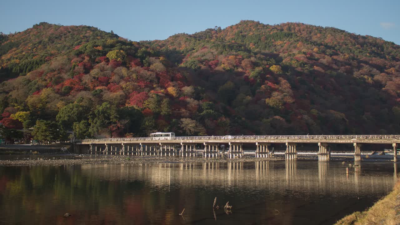 Autumn Colors and Wooden Bridge over a River