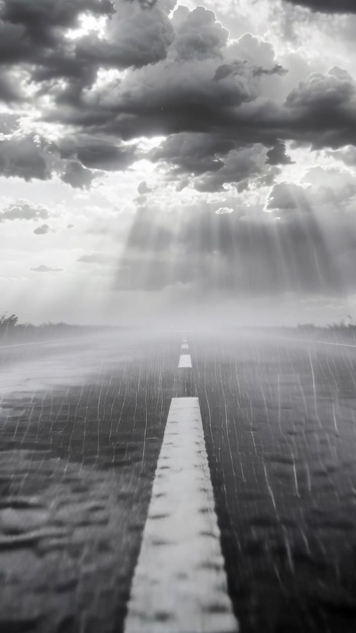 Vertical video: Moving camera showing stripe closing on wet road with rain, mist emphasizing depth